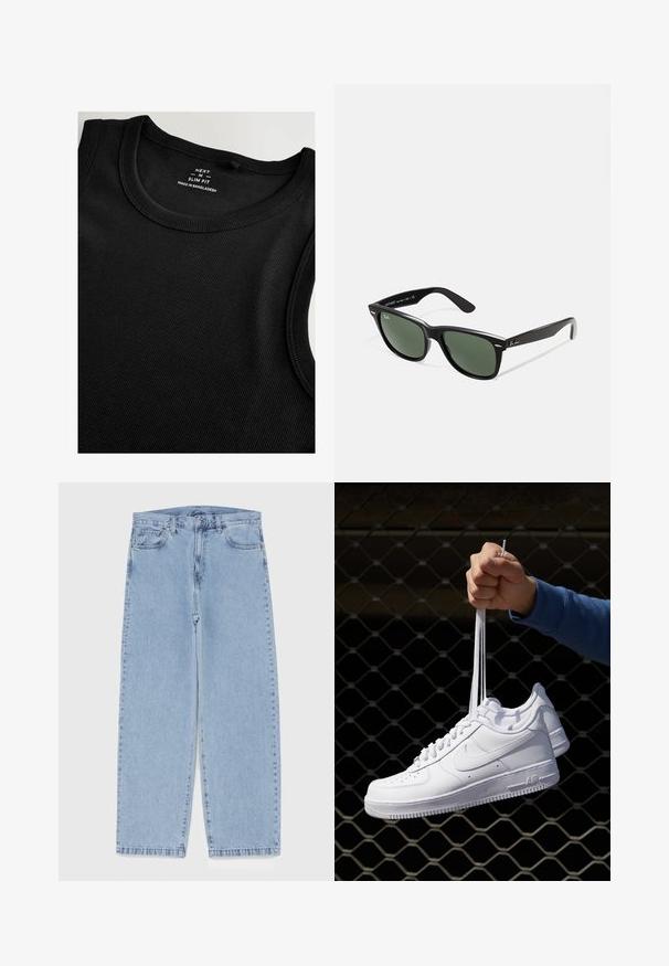 Fekete bőrdzseki sima felülettel, galléros nyakkal, elülső cipzárral és két oldalsó cipzáras zsebbel. Egyszerű, letisztult dizájn.; Fekete ujjatlan felső bordás anyagból, slim fit fazonban. Kerek nyakkivágással és lapos varrásokkal a sima végeredményért.; Világoskék farmernadrág egyenes szárú kivitelben, közepes derékkal, öt zsebbel, gombos és cipzáros záródással.; Fehér bőr sportcipők perforációval, kerek orral, lapos talppal és vastag fűzőkkel, látható swoosh logóval és "AIR" felirattal a sarokrészen.; Fekete műanyag napszemüveg zöld lencsékkel, négyzet alakú kerettel, ezüst díszítéssel a keret felső részén, valamint texturált szárakkal. A márka neve a belső száron található.