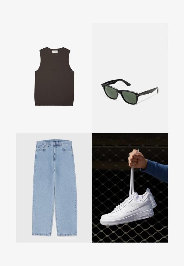 Fekete bőrdzseki sima felülettel, galléros nyakkal, elülső cipzárral és két oldalsó cipzáras zsebbel. Egyszerű, letisztult dizájn.; Sötétbarna ujjatlan felső bordás anyagból, körkivágással és finom márkamegjelenítéssel, amely az elején, azonos színben található.; Világoskék farmernadrág egyenes szárú kivitelben, közepes derékkal, öt zsebbel, gombos és cipzáros záródással.; Fehér bőr sportcipők perforációval, kerek orral, lapos talppal és vastag fűzőkkel, látható swoosh logóval és "AIR" felirattal a sarokrészen.; Fekete műanyag napszemüveg zöld lencsékkel, négyzet alakú kerettel, ezüst díszítéssel a keret felső részén, valamint texturált szárakkal. A márka neve a belső száron található.