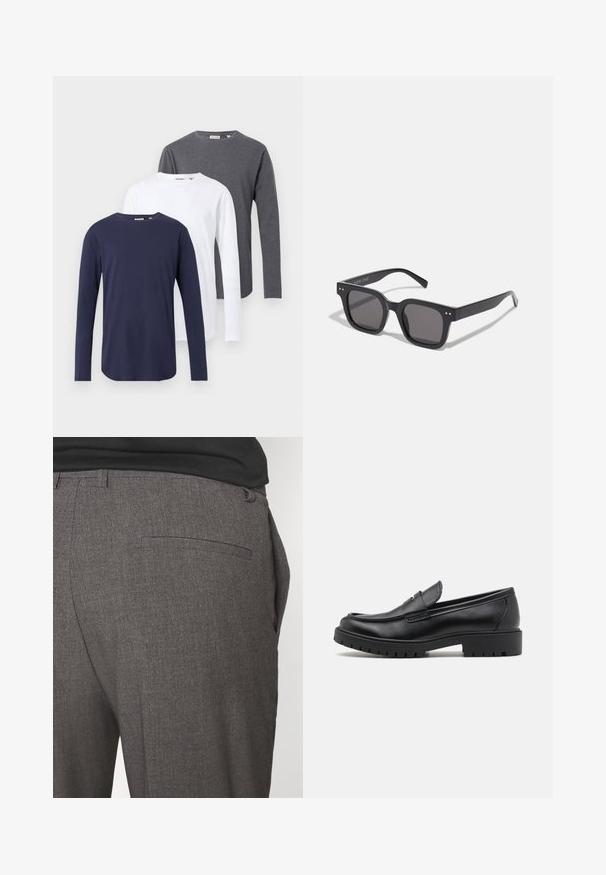 Sort læderjakke med en glat overflade, krave, frontlynlås og to sidelommer med lynlås. Enkel, struktureret design.; Tre langærmede t-shirts i marineblå, hvid og grå. Fremstillet af bomuld, med runde halsudskæringer og lige kanter.; Grå skræddersyede bukser med en glat tekstur, udstyret med en enkelt baglomme og et slim fit design. Stoffet har et subtilt mønster.; Sorte læder loafers med rund tå, slip-on design og tyk gummisål med tekstureret greb. Forhøjet hæl og subtile syninger.; Sorte rektangulære solbriller med mørke linser, der har en tyk ramme, subtile detaljer på siderne og uden synlige logoer udover mærkenavnet.; Canvas tote taske i lys beige med to robuste håndtag, kontrasterende hvid trim og logoet "THE NORTH FACE" i sort foran.