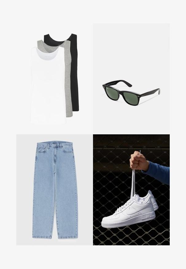Fekete bőrdzseki sima felülettel, galléros nyakkal, elülső cipzárral és két oldalsó cipzáras zsebbel. Egyszerű, letisztult dizájn.; Három ujjatlan póló fehér, szürke és fekete színben. Mindegyik klasszikus ujjatlan dizájnnal készült, könnyű pamut anyagból, bordázott textúrával.; Világoskék farmernadrág egyenes szárú kivitelben, közepes derékkal, öt zsebbel, gombos és cipzáros záródással.; Fehér bőr sportcipők perforációval, kerek orral, lapos talppal és vastag fűzőkkel, látható swoosh logóval és "AIR" felirattal a sarokrészen.; Fekete műanyag napszemüveg zöld lencsékkel, négyzet alakú kerettel, ezüst díszítéssel a keret felső részén, valamint texturált szárakkal. A márka neve a belső száron található.