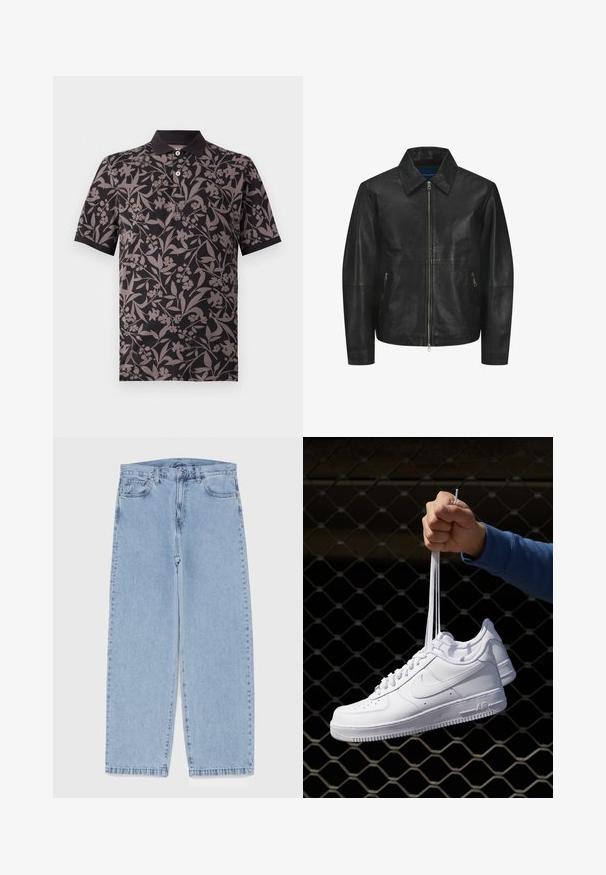 Svart läderjacka med en mjuk textur, krage, framdragkedja och två sidofickor med dragkedja. Enkel, strukturerad design.; Svart pikétröja med blommönster i grå nyanser. Har krage, korta ärmar och tre knappar fram.; Ljusblå denimjeans med rak bendesign, midjehög midja, fem fickor samt knapp- och dragkedjestängning.; Vita lädersneakers med perforeringar, rund tå, platt sula och tjocka snörning, med en synlig swoosh-logga och "AIR" på hälen.