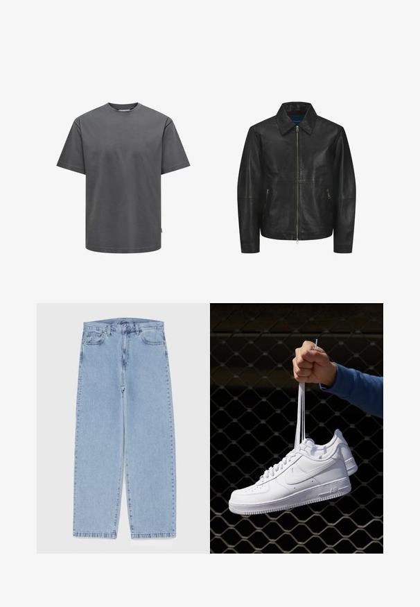 Juodas odinis švarkas su glotnia tekstūra, apykakle, priekiniais užtrauktukais ir dviem šoninėmis kišenėmis su užtrauktuku. Paprastas, struktūruotas dizainas.; Pilkas medvilnės marškinėliai su apvaliu kaklu ir trumpomis rankovėmis. Yra įprasto silueto ir vientisos tekstūros, be matomų raštų ar akcentų.; Šviesiai mėlyni džinsai su tiesiomis kojomis, turintys vidutinio aukščio juosmenį, penkias kišenes ir mygtuko bei užtrauktuko uždarymą.; Balti odiniai sportiniai bateliai su perforacijomis, apvalia nosimi, plokščiu padu ir storomis raištelėmis, su matomu swoosh logotipu ir "AIR" ant kulno.