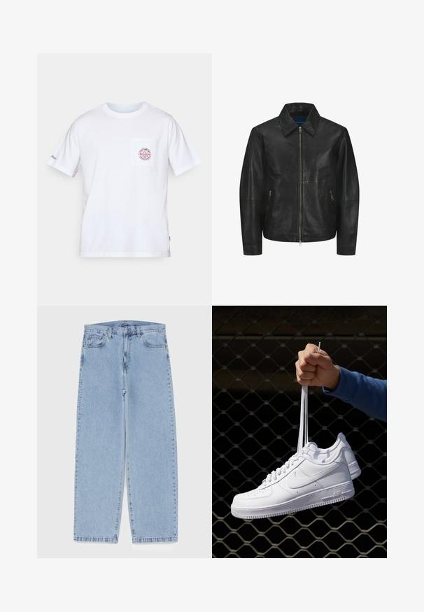 Melna ādas jaka ar gludu tekstūru, apkakles dekoltē, priekšējo rāvējslēdzēju un divām sānu kabatām ar rāvējslēdzēju. Vienkāršs, strukturēts dizains.; Balta kokvilnas T-krekls ar apaļu kakla izgriezumu, īsām piedurknēm un priekšējo kabatu, kurai ir sarkans un zils logo dizains. Standarta pielāgojums.; Gai zila džinsu bikses ar taisnu kāju dizainu, kas piedāvā vidēju vidukļa augstumu, piecas kabatas un pogas un rāvējslēdzēja aizdari.; Baltas ādas sporta apavi ar perforācijām, apaļu purngali, plakanu zoli un biezām šņorēm, ar redzamu swoosh logo un vārdu "AIR" uz papēža.