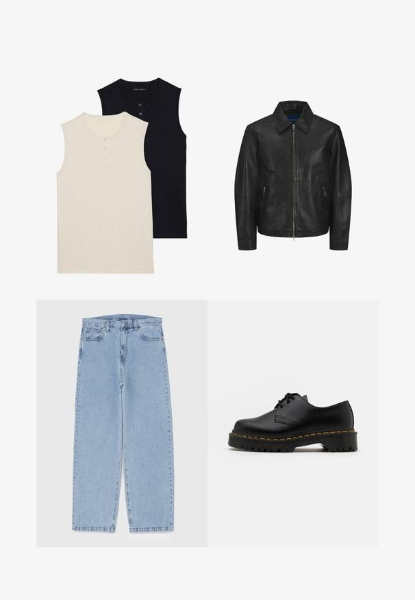Sort læderjakke med en glat overflade, krave, frontlynlås og to sidelommer med lynlås. Enkel, struktureret design.; To stribede ærmeløse bomulds-toppe: en beige med knaplukning og en ensfarvet sort. Begge har en rund halsudskæring og en tætsiddende design.; Lyseblå denimjeans med straight leg-design, der har en mid-rise talje, fem lommer og en lukning med knap og lynlås.; Sort læder snøresko med en rund tå, tekstureret gummisål og gule stikninger omkring bunden. Flad design og glat finish.