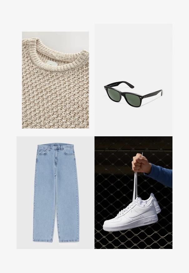 Melna ādas jaka ar gludu tekstūru, apkakles dekoltē, priekšējo rāvējslēdzēju un divām sānu kabatām ar rāvējslēdzēju. Vienkāršs, strukturēts dizains.; Gaišbeige adīts džemperis ar teksturētu, austu rakstu un ribota apkakle. Kokvilnas sajaukums nodrošina komfortu un elpojamību.; Gai zila džinsu bikses ar taisnu kāju dizainu, kas piedāvā vidēju vidukļa augstumu, piecas kabatas un pogas un rāvējslēdzēja aizdari.; Baltas ādas sporta apavi ar perforācijām, apaļu purngali, plakanu zoli un biezām šņorēm, ar redzamu swoosh logo un vārdu "AIR" uz papēža.; Melnas plastmasas saulesbrilles ar zaļiem lēciem, kvadrātveida rāmjiem, sudrabainu akcentu uz uzacīm un teksturētām tempļu kājām. Zīmols norādīts uz iekšējās kājas.