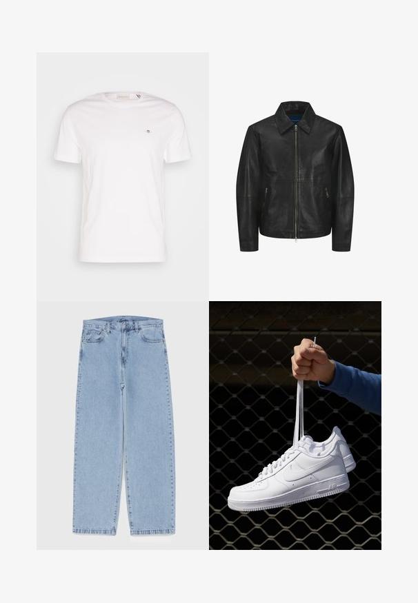 Crna kožna jakna s glatkom teksturom, ovratnikom, prednjim patentnim zatvaračem i dva bočna džepa s patentnim zatvaračem. Jednostavan, strukturiran dizajn.; Bijela pamučna majica s okruglim izrezom, kratkim rukavima i malim izvezenim logotipom na prsima. Meki materijal, jednostavan dizajn.; Svijetloplave traperice s ravnim nogavicama, sa srednjim strukom, pet džepova i zatvaranjem na dugme i patentni zatvarač.; Bijele kožne tenisice s perforacijama, okruglim vrhom, ravnim potplatom i debelim vezicama, s vidljivim swoosh logom i natpisom "AIR" na peti.