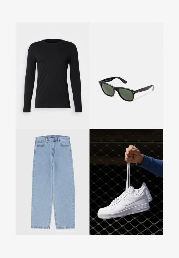 Crna kožna jakna s glatkom teksturom, ovratnikom, prednjim patentnim zatvaračem i dva bočna džepa s patentnim zatvaračem. Jednostavan, strukturiran dizajn.; Crna majica dugih rukava izrađena od mekog materijala. Ima okrugli izrez i uski siluetu bez vidljivih grafika ili ukrasa.; Svijetloplave traperice s ravnim nogavicama, sa srednjim strukom, pet džepova i zatvaranjem na dugme i patentni zatvarač.; Bijele kožne tenisice s perforacijama, okruglim vrhom, ravnim potplatom i debelim vezicama, s vidljivim swoosh logom i natpisom "AIR" na peti.; Crne plastične sunčane naočale s zelenim staklima, kvadratni okviri, srebrni naglasak na obrvi i teksturirane ručke. Naziv brenda naveden na unutrašnjoj strani ručke.