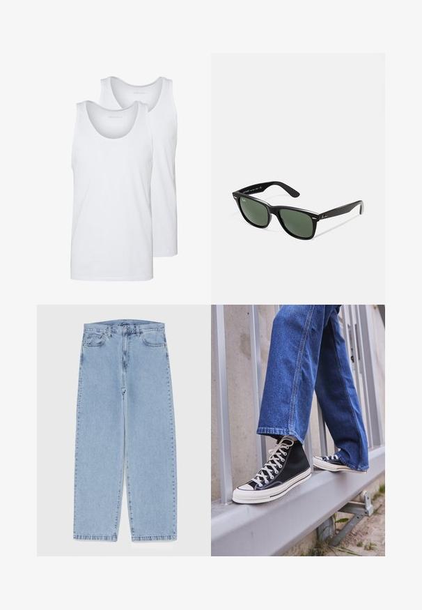 Juodas odinis švarkas su glotnia tekstūra, apykakle, priekiniais užtrauktukais ir dviem šoninėmis kišenėmis su užtrauktuku. Paprastas, struktūruotas dizainas.; Baltos medvilninės tankų marškiniai su apvaliais kaklais, turintys lygią tekstūrą. Du vienetai rodomi, pažymėti "PIER ONE."; Šviesiai mėlyni džinsai su tiesiomis kojomis, turintys vidutinio aukščio juosmenį, penkias kišenes ir mygtuko bei užtrauktuko uždarymą.; Juodi aukšti sportiniai bateliai su baltu padu ir raišteliais, derinami su laisvai krentančiais mėlynais džinsais, atremti į pilką turėklą.; Juodi plastikiniai saulės akiniai su žaliais objektyvais, kvadratiniais rėmeliais, sidabriniu akcentu ant antakio ir tekstūruotais šventyklų šakutėmis. Vidinėje šakutėje nurodyta prekės ženklo pavadinimas.