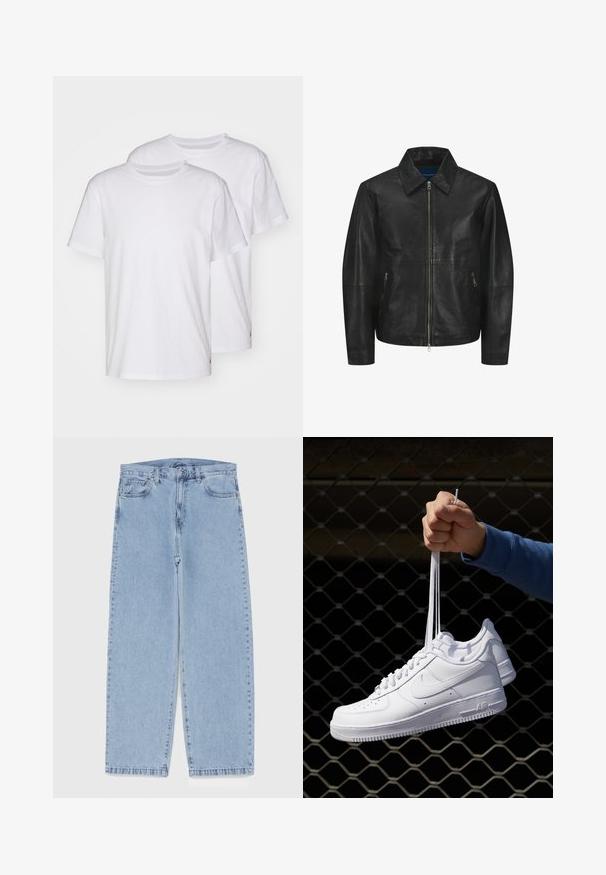Fekete bőrdzseki sima felülettel, galléros nyakkal, elülső cipzárral és két oldalsó cipzáras zsebbel. Egyszerű, letisztult dizájn.; Két fehér pamut póló, rövid ujjú, kerek nyakkivágással, minták nélkül, a bal oldalon a szegély közelében egy kis logóval.; Világoskék farmernadrág egyenes szárú kivitelben, közepes derékkal, öt zsebbel, gombos és cipzáros záródással.; Fehér bőr sportcipők perforációval, kerek orral, lapos talppal és vastag fűzőkkel, látható swoosh logóval és "AIR" felirattal a sarokrészen.