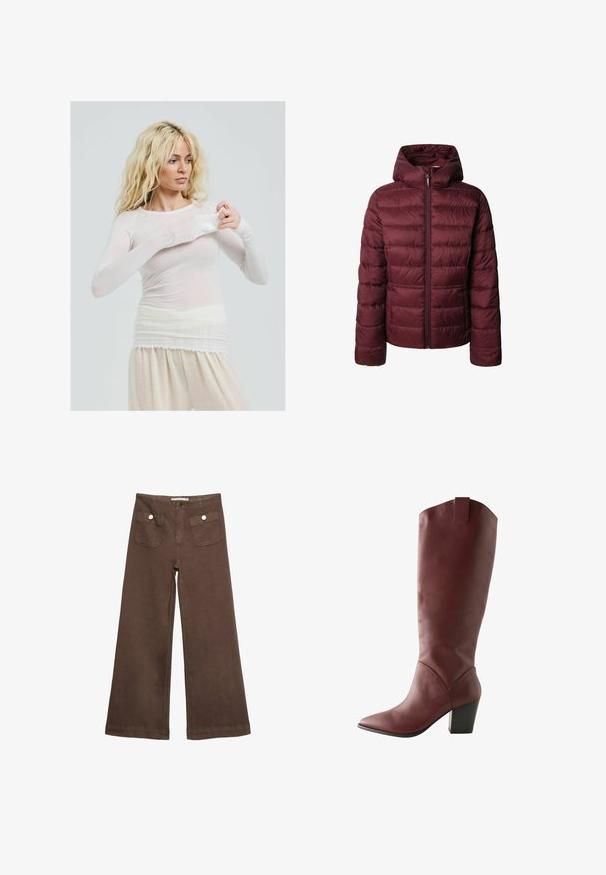 Bordo puf jakna s kapuco, z zadrgo, prekriženo teksturo in elastičnimi manšetami za toplino in udobje.; Dolga, prosojna bela majica s prilagojeno silhueto. Lahka tkanina z gladko teksturo. Manekenka prilagaja rokav, oblečena v smetano barvne hlače.; Svetlo rjave široke hlače iz bombaža, ki vključujejo dva sprednja žepa s srebrnimi gumbi in gladko teksturo.; Visok temno rjav usnjen škorenj z izostrenim nosom in blok peto, z zanko za pomoč na zgornjem zadnjem delu.