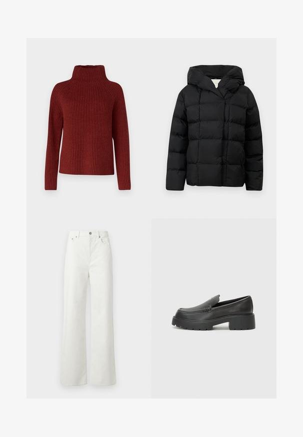 Casaco puffer preto com capuz, apresentando um design acolchoado e textura suave. Mangas de comprimento médio e uma abertura frontal simples.; DRYKORN ARWEN - Camisola - red; Samsøe Samsøe SHELLY - Calças de ganga de corte relaxado - clear cream; Mocassins de couro preto com bico arredondado, sola espessa e texturizada, e detalhes de costura minimalistas. Design elegante sem atacadores ou ferragens visíveis.