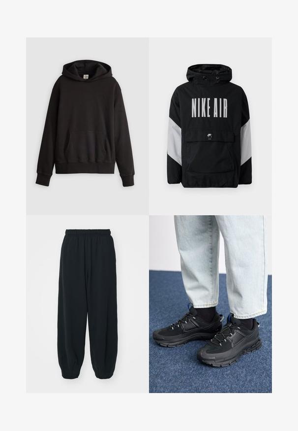 Svart vindjakke med hette, med "NIKE AIR" i store hvite bokstaver. Grå detaljer på skuldrene og en lomme foran. Strømlinjeformet design.; Svart Levi's hettegenser med frontlomme og subtilt brodert logo på brystet, vist mot en enkel lys bakgrunn.; Sorte, joggebukser med elastisk liv, løs passform, mansjetter på ankler, glatt tekstur og uten synlige mønstre eller hardware-detaljer.; Svarte sportssko med teksturert stoff og gummisåler, med elastiske lisser og en blå detalj på hælen. Brukt med lyse denimbukser.