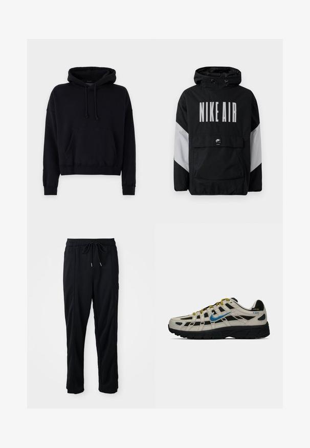 Casaco impermeável preto com capuz, apresentando "NIKE AIR" em grandes letras brancas. Detalhes cinzentos nos ombros e um bolso frontal tipo pouch. Design elegante.; Sweatshirt preto com capuz, feito de algodão, apresentando um bolso canguru, cordões, punhos canelados e um design cropped. Textura suave.; Calças casuais pretas com cordão na cintura, com bolsos laterais e corte reto, sobre um fundo simples.; Sapatilha Nike P-6000 em bege e preto com swoosh azul, atacadores amarelos, sola preta e etiqueta de tecido Cordura no calcanhar.