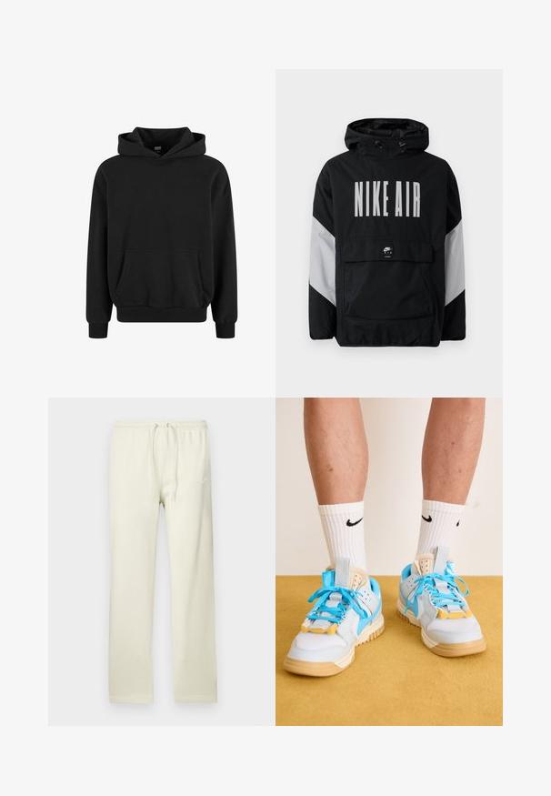 Fekete szélálló dzseki kapucnival, nagyméretű fehér "NIKE AIR" felirattal. Szürke díszítéssel a vállakon és egy elülső zsebbel. Elegáns kialakítás.; Fekete kapucnis pulóver kenguruzsebbel, széles ujjakkal, bordázott mandzsettával és alsó szegéllyel. Puha anyagból készült, sima textúrával.; Világos bézs melegítőnadrág megkötős derékkal, puha anyagból készült. Finom fehér Nike logó látható a bal combon.; Világoskék sportcipők bézs talppal, hangsúlyos türkizfűzőkkel és sárga kiegészítőkkel. Texturált anyagok és látható lég párnázás.