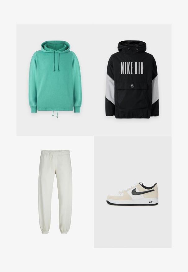 Čierna vetrovka s kapucňou, s veľkým bielym nápisom "NIKE AIR". Šedé akcenty na pleciach a predná vrecko na zips. Elegantný dizajn.; Mäta zelená mikina vyrobená z mäkkého materiálu s uvoľneným strihom, obsahujúca priestranný výstrih, šnúrky na stiahnutie a pružné manžety.; Biele teplákové nohavice vyrobené z mäkkej textílie, s elastickým pásom a manžetami, s hladkým povrchom a voľným strihom.; Tenisky s hornou časťou z ľahkej béžovej semišovej kože a bielej kože, čierny Nike swoosh, čierne akcenty a biela gumová podrážka s brandingom "AIR".