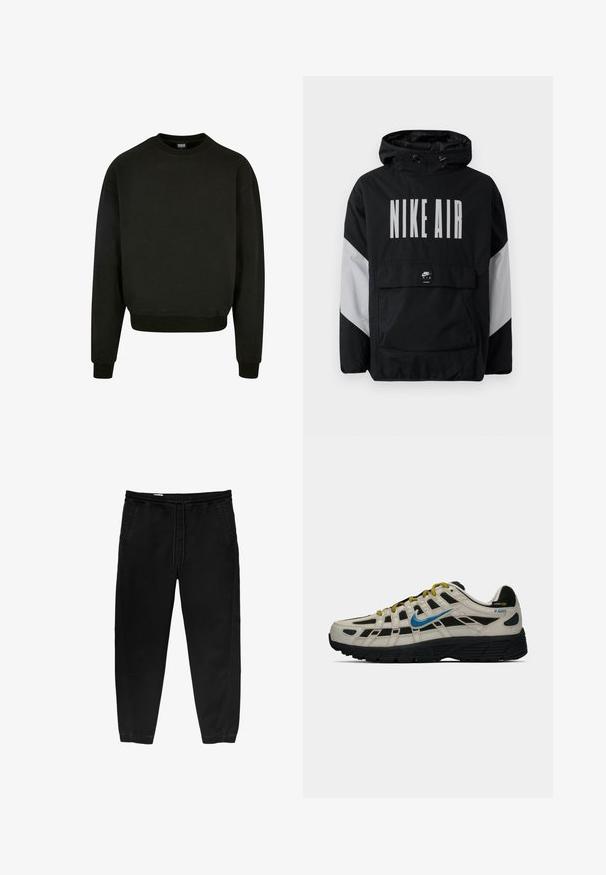 Musta tuulitakki, jossa on huppu ja suuri valkoinen "NIKE AIR" -teksti. Harmaat yksityiskohdat olkapäissä ja etutaskussa. Tyylikäs muotoilu.; Mustat pyöreäkauluksinen collegepaita, joka on valmistettu puuvillasekoitteisesta kankaasta. Siinä on pitkät hihat sekä resorikainalot ja helma. Yksinkertainen, yksivärinen muotoilu.; Mustat joustavat vyötäröhousut, joissa on nyöri, kapenevat lahkeet, sivutaskut ja hienovaraiset sivustikkaukset. Pehmeä puuvillakangas.; Beige ja must Nike P-6000 tennisjalanik kollasele sirmusele, kollased paelad, must tall ja Cordura kangas silt kandadel.