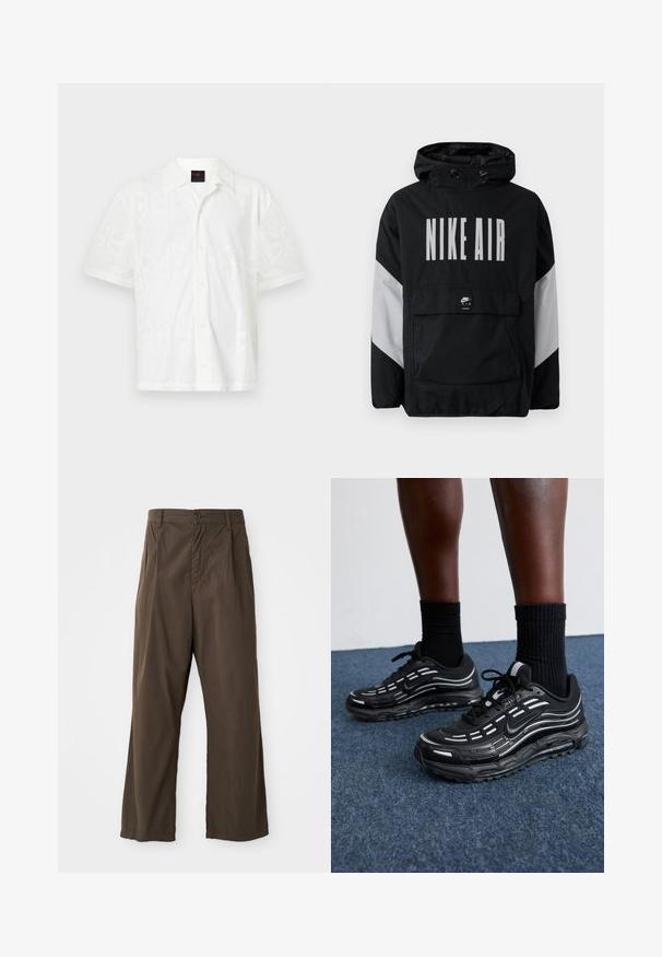 Svart vindjakke med hette, med "NIKE AIR" i store hvite bokstaver. Grå detaljer på skuldrene og en lomme foran. Strømlinjeformet design.; Kortermet, hvit skjorte med knapper som har et subtilt geometrisk mønster, laget av et lett materiale med standard krage og frontknapper.; Brune, vide bukser lavet af bomuld med en frontknaplukning, bæltestropper og en glat, mat tekstur.; Sorte Nike-sko har en mesh-overdel med aksentstriper, teksturert snøring og en svart gummisåle. Brukt med svarte ribbede sokker.