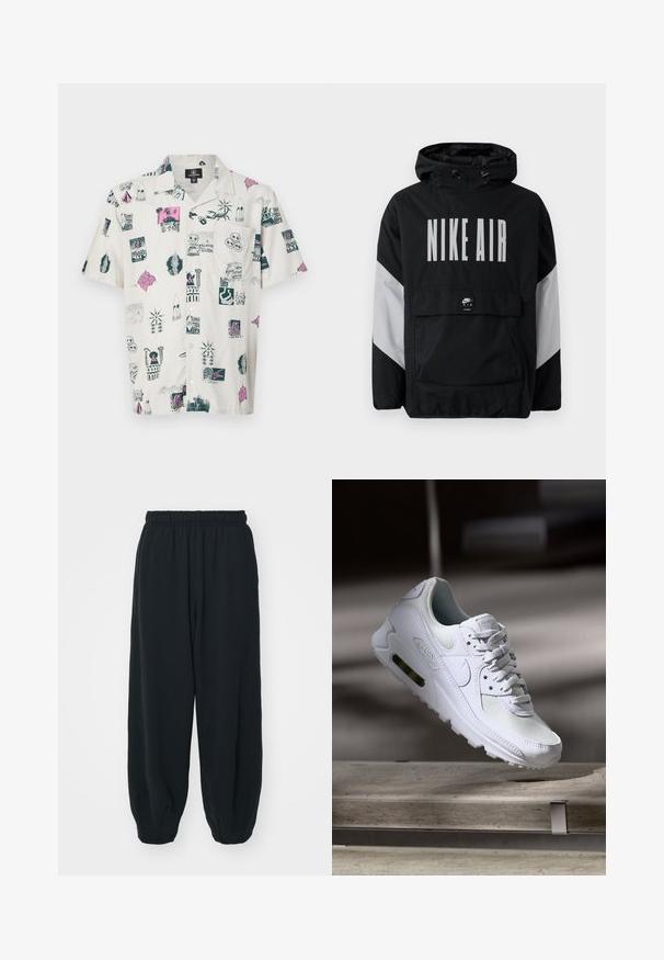 Musta tuulitakki, jossa on huppu ja suuri valkoinen "NIKE AIR" -teksti. Harmaat yksityiskohdat olkapäissä ja etutaskussa. Tyylikäs muotoilu.; Lyhythihainen paita vaaleanbeigessä, jossa on monivärisiä graafisia printtejä erilaisista ikoneista, kuvioista ja malleista; rento malli ja nappikaulus.; Mustat, elastisella vyötäröllä varustetut collegehousut, joissa on löysä istuvuus, cuffattu lahje, sileä pinta ja ilman näkyviä kuvioita tai varusteita.; Valkoiset Nike Air Max 90 -lenkkarit, joissa on verkko- ja nahkapinta, rei'itetty kärki ja näkyvä ilmayksikkö kantapäässä.