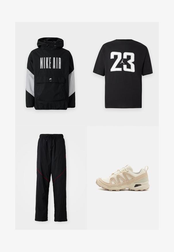Čierna vetrovka s kapucňou, s veľkým bielym nápisom "NIKE AIR". Šedé akcenty na pleciach a predná vrecko na zips. Elegantný dizajn.; Čierne bavlnené tričko s krátkym rukávom, ktoré na prednej strane zdobí veľké biele číslo "23" a logo Jumpman; klasický dizajn okrúhleho výstrihu.; Čierne športové nohavice s textúrovaným povrchom, s elastickým pásom na šnúrku, červenými akcentmi a voľným strihom.; Beige a krémová športová obuv s textúrovaným sieťovým zvrškom, podporujúcimi prekrytiami a gumovou podrážkou s dezénom pre trakciu.