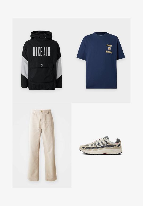 Černá větrovka s kapucí, na které je velký nápis "NIKE AIR" bílou barvou. Šedé akcenty na ramenech a přední kapsa. Elegantní design.; Námořnická modrá bavlněná tričko s krátkým rukávem, se zlatým textem "Carhartt University" a nášivkou na levé hrudi.; Beige bavlněné kalhoty s širokými nohavicemi, hladkou texturou, zapínáním na knoflík vpředu, poutky na opasek a dvěma bočními kapsami.; Béžová běžecká obuv s šedou síťovinou a semišovými detaily, bílými akcenty, černou podrážkou, červeným brandingem a jedinečným křížovým vzorem na svršku.