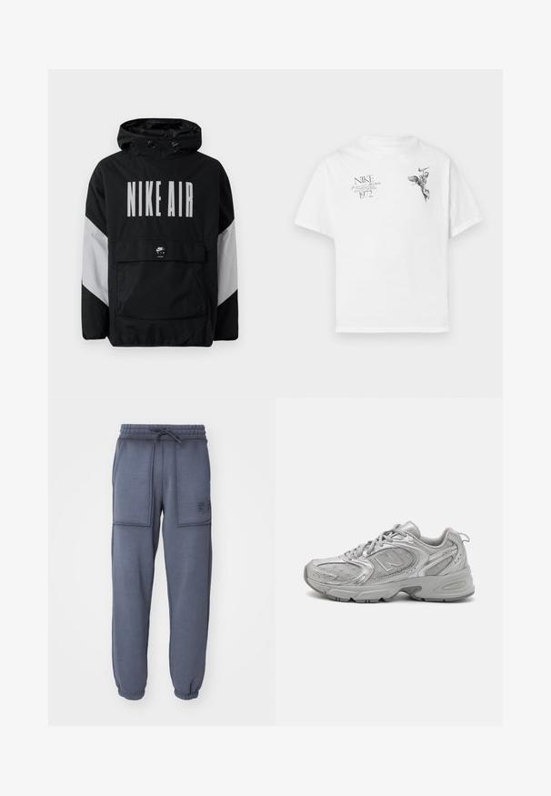 Sort vindjakke med hætte, der har "NIKE AIR" i store hvide bogstaver. Grå detaljer på skuldrene og en frontlomme. Slankt design.; Hvid bomuld t-shirt med et sort grafisk print af en vinget figur og tekst, med rund hals og korte ærmer.; Blå sweatpants lavet af blødt stof, med justerbar snor i livet, elastiske arme og to frontlommer. Broderet logo detaljer.; Sølv atletiksko med et strømlinet design, mesh-paneler, polstret tunge, struktureret syntetisk overdel og gummiydersål for godt greb.