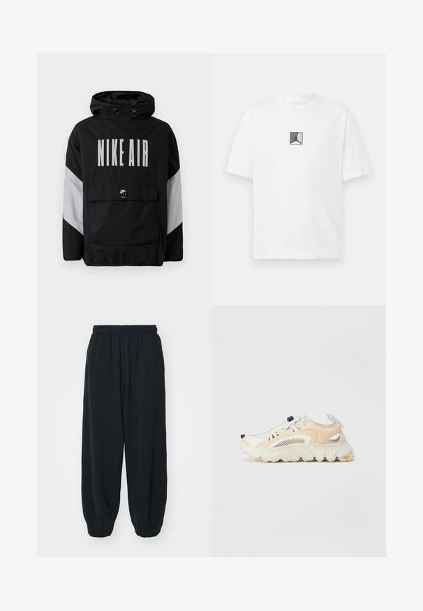Černá větrovka s kapucí, na které je velký nápis "NIKE AIR" bílou barvou. Šedé akcenty na ramenech a přední kapsa. Elegantní design.; Bílý bavlněný tričko s centrálním černobílým a šedým logo grafickým prvkem. Klasický kulatý výstřih a krátké rukávy s volným střihem.; Černé teplákové kalhoty s elastickým pasem, volným střihem, manžetami na kotnících, hladkým povrchem a bez viditelných vzorů či kovových detailů.; Lehké tenisky s vrchním dílem z síťoviny v béžové a bílé barvě, vybavené texturovanou podešví, elastickým tkaničkovým systémem a výraznou podporou paty.