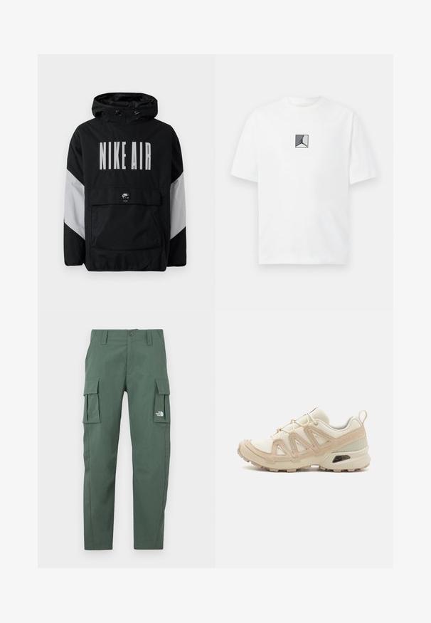 Čierna vetrovka s kapucňou, s veľkým bielym nápisom "NIKE AIR". Šedé akcenty na pleciach a predná vrecko na zips. Elegantný dizajn.; Biela bavlnená tričko s čiernym a šedým logom v strede. Klasický okrúhly výstrih a krátke rukávy s voľným strihom.; Zelené cargo nohavice vyrobené z textúrovanej látky s dvoma bočnými cargo vreckami a predným zipsom. Obsahujú uzáver na gombík a logo značky na vrecku.; Beige a krémová športová obuv s textúrovaným sieťovým zvrškom, podporujúcimi prekrytiami a gumovou podrážkou s dezénom pre trakciu.