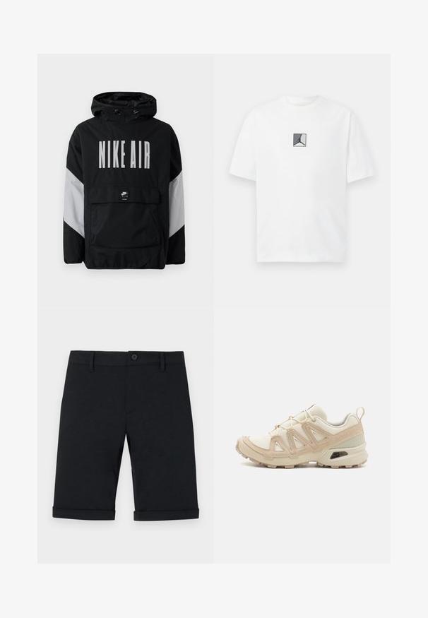 Fekete szélálló dzseki kapucnival, nagyméretű fehér "NIKE AIR" felirattal. Szürke díszítéssel a vállakon és egy elülső zsebbel. Elegáns kialakítás.; Fehér pamut póló, középen fekete és szürke logó grafikával. Klasszikus kerek nyakkivágás, rövid ujjú, laza szabású.; Fekete pamut rövidnadrág gombos zárással, lapos elejű, felgöngyölt szárakkal és hátsó zsebekkel. Sima texútú, testhezálló fazon.; Beige és krém színű sportcipő, texturált hálós felsőrésszel, támogató burkolattal és gumitalppal, amely tapadás érdekében bordázott mintázattal rendelkezik.