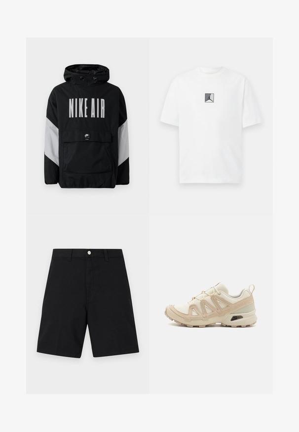 Czarna kurtka przeciwwiatrowa z kapturem, z dużym białym napisem "NIKE AIR". Szare akcenty na ramionach oraz kieszeń z przodu. Elegancki design.; Biała bawełniana koszulka z centralnym czarno-szarym logo. Klasyczny okrągły dekolt i krótkie rękawy w luźnym fasonie.; Czarne bawełniane szorty z elastycznym pasem z metalowym guzikiem, prostym fasonem nogawki oraz minimalnymi detalami przeszyć dla schludnego wyglądu.; Beżowe i kremowe buty sportowe z teksturowanej siateczki, wspierającymi nakładkami oraz gumową podeszwą z wzorem bieżnika zapewniającym przyczepność.