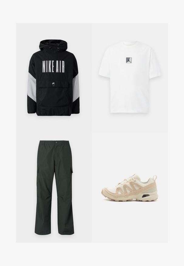 Črna vetrovka z kapuco, z velikim belim napisom "NIKE AIR". Sivi detajli na rami in sprednja žepa. Eleganten dizajn.; Bela bombažna majica z osrednjim črno-sivim logotipom. Klasičen kroj z okrogłym izrezom in kratkimi rokavi ter udobnim fitom.; Temnozeleni cargo hlače s sproščenim krojem, elastičnim pasom, prišitimi žepi in gladkim, lahkim tekstilom.; Bež in krem športni čevlji z teksturiranim mrežastim zgornjim delom, podpornimi prekrivali in gumijastim podplatom z vzorcem za oprijem.