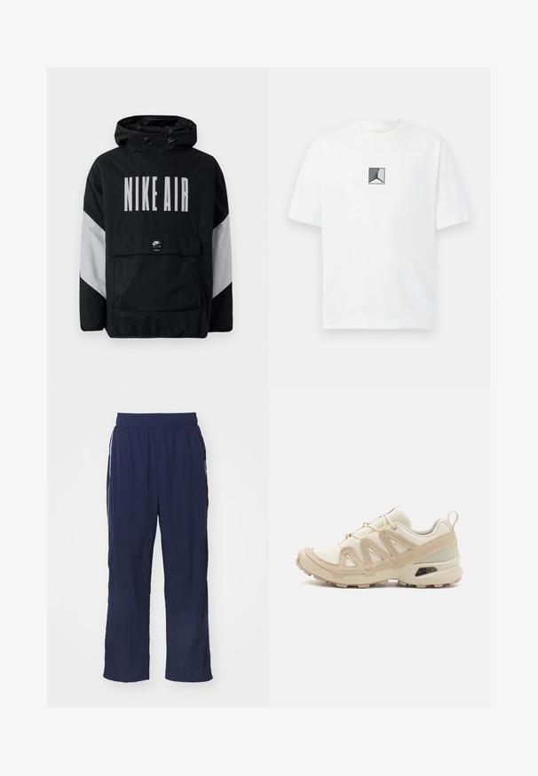 Črna vetrovka z kapuco, z velikim belim napisom "NIKE AIR". Sivi detajli na rami in sprednja žepa. Eleganten dizajn.; Bela bombažna majica z osrednjim črno-sivim logotipom. Klasičen kroj z okrogłym izrezom in kratkimi rokavi ter udobnim fitom.; Temno modri lahki hlače z elastičnim pasom, sproščenega kroja, stranskimi žepi in kontrastnimi belimi črtami po straneh.; Bež in krem športni čevlji z teksturiranim mrežastim zgornjim delom, podpornimi prekrivali in gumijastim podplatom z vzorcem za oprijem.