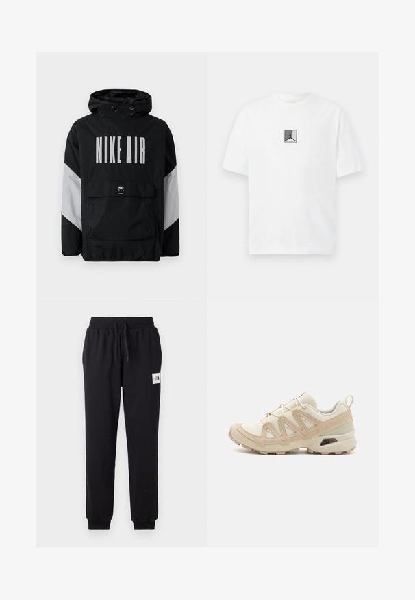 Sort vindjakke med hætte, der har "NIKE AIR" i store hvide bogstaver. Grå detaljer på skuldrene og en frontlomme. Slankt design.; Hvid bomulds t-shirt med et centralt sort og gråt logo grafik. Klassisk crew neckline og kortærmer med en afslappet pasform.; Sorte sweatpants lavet af blødt stof, med elastisk talje, justerbar snøre og et lille hvidt logo på den øverste del af benet.; Beige og creme atletiksko med struktureret mesh-overdel, støttende overlays og gummiyderside med et mønster for trækkraft.