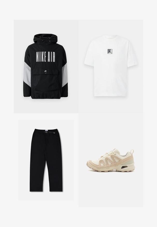 Schwarze Windbreaker-Jacke mit Kapuze, versehen mit großem weißen Text "NIKE AIR". Graue Akzente an den Schultern und eine vordere Taschenöffnung. Elegantes Design.; Weißes Baumwoll-T-Shirt mit einem zentralen schwarzen und grauen Logo-Graphic. Klassischer Rundhalsausschnitt und kurze Ärmel mit lockerer Passform.; Schwarze Hosen mit elastischem Bund und verstellbarem Gürtel. Hergestellt aus glattem Stoff, verfügen sie über gerade Beine und keine auffälligen Muster.; Beige und cremefarbenen Sportschuh mit strukturiertem Mesh-Obermaterial, unterstützenden Überzügen und Gummisohle mit einem Profilmuster für Bodenhaftung.