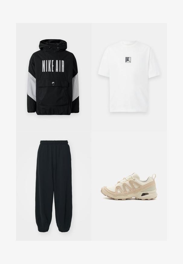 Giacca a vento nera con cappuccio, caratterizzata dalla scritta "NIKE AIR" in grande bianco. Accenti grigi sulle spalle e una tasca a marsupio frontale. Design elegante.; T-shirt bianca in cotone con un grafiche logo centrale in nero e grigio. Collo rotondo classico e maniche corte con una vestibilità rilassata.; Pantaloni da jogging neri con vita elasticizzata, dalla vestibilità morbida, caviglie a costina, texture liscia e senza motivi visibili o dettagli in metallo.; Scarpa atletica beige e crema con tomaia in mesh testurizzato, sovrapposizioni supportive e suola in gomma con un motivo a tasselli per la trazione.
