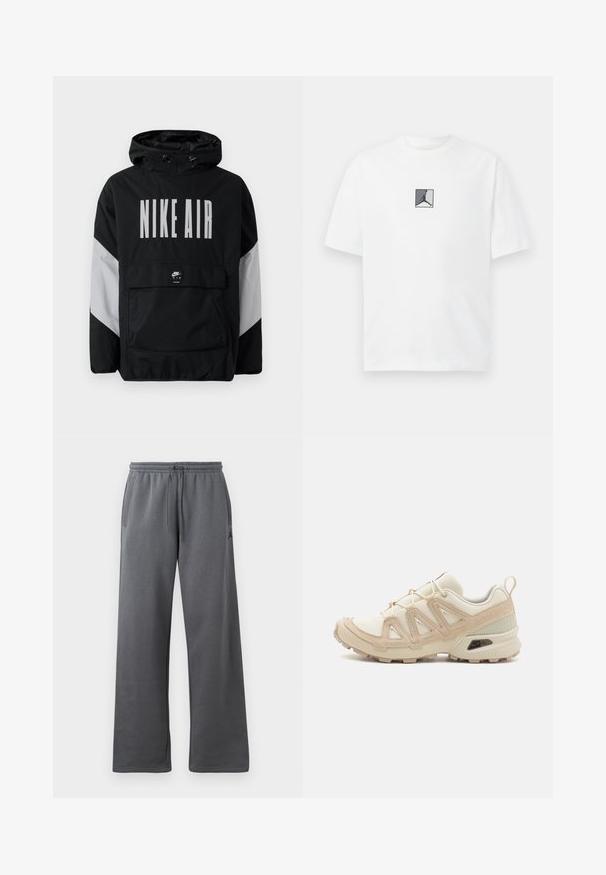 Melnā vēja necaurlaidīgā jaka ar kapuci, uz kuras ir liels balts uzraksts "NIKE AIR". Pelēki akcenti uz pleciem un priekšējā kabata. Moderns dizains.; Balta kokvilnas T-krekls ar centrālo melno un pelēko logotipa grafiku. Klasiska apaļa kakla forma un īsas piedurknes ar brīvāku piegriezumu.; Pelēkas sporta bikses ar brīvu piegriezumu, izgatavotas no mīksta auduma. Iekļautas elastīga josta ar saiti un sānu kabatas.; Beige un krēma sporta apavi ar strukturētu tīkla virsmu, atbalstošajiem slāņiem un gumijas zoli ar protektoru rakstu, kas nodrošina saķeri.