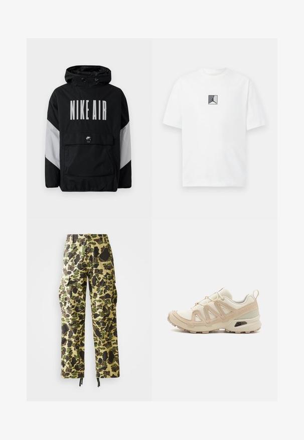 Schwarze Windbreaker-Jacke mit Kapuze, versehen mit großem weißen Text "NIKE AIR". Graue Akzente an den Schultern und eine vordere Taschenöffnung. Elegantes Design.; Weißes Baumwoll-T-Shirt mit einem zentralen schwarzen und grauen Logo-Graphic. Klassischer Rundhalsausschnitt und kurze Ärmel mit lockerer Passform.; Herren Cargo-Hosen im geraden Schnitt mit grünem, braunem und beigem Camouflage-Muster, Knopfverschluss, Seitentaschen und Zugbändern an den Säumen.; Beige und cremefarbenen Sportschuh mit strukturiertem Mesh-Obermaterial, unterstützenden Überzügen und Gummisohle mit einem Profilmuster für Bodenhaftung.
