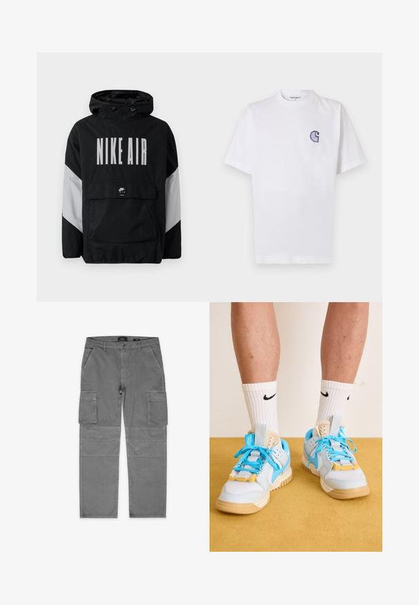 Melnā vēja necaurlaidīgā jaka ar kapuci, uz kuras ir liels balts uzraksts "NIKE AIR". Pelēki akcenti uz pleciem un priekšējā kabata. Moderns dizains.; Balts kokvilnas T-krekls ar īsām piedurknēm, apaļu kakla izgriezumu un nelielu izšūtu zilu "C" logotipu kreisajā krūšu daļā.; Pelēkie cargo bikses, izgatavotas no kokvilnas, ar divām sānu kabatām, divām lielām augšstilbu kabatām un taisnu kāju dizainu ar pastiprinātu šuvju. ; Gaiši zili sporta apavi ar brūnu zoli, ar izteiktiem tirkīza šņorēm un dzeltenām akcentiem. Tekstūrēti materiāli un redzama gaisa amortizācija.