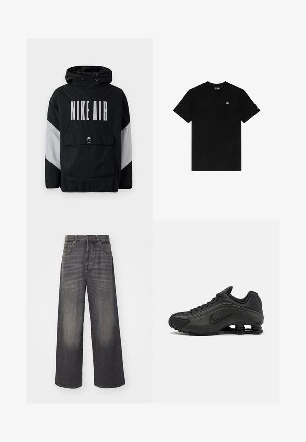 Veste coupe-vent noire avec capuche, affichant "NIKE AIR" en grandes lettres blanches. Accents gris aux épaules et poche avant. Design élégant.; T-shirt en coton noir avec un col rond, des manches courtes, présentant un petit logo blanc sur le côté gauche de la poitrine et sans autres motifs ni accents.; Jean à jambe large, taille haute en denim noir délavé. Dispose de cinq poches et de quincaillerie en métal. Texture lisse avec des détails de décoloration subtile.; Baskets de course noires avec une tige en synthétique lisse, des accents perforés, des panneaux latéraux texturés et une semelle distincte et rebondissante.