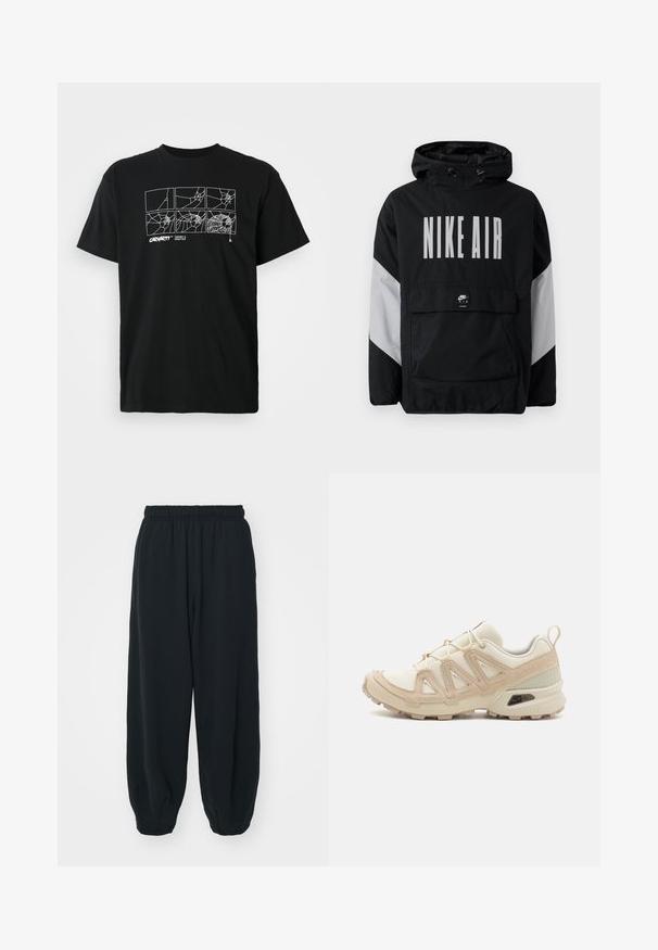 Melnā vēja necaurlaidīgā jaka ar kapuci, uz kuras ir liels balts uzraksts "NIKE AIR". Pelēki akcenti uz pleciem un priekšējā kabata. Moderns dizains.; Melnā kokvilnas T-krekls ar baltu zīmolētu zīda mākslu uz krūtīm, kas attēlo zirnekļa tīklus. Īsas piedurknes un apaļais kakls.; Melnas sporta bikses ar elastīgu jostasvietu, brīvu piegriezumu, aprocēm ap potītēm, gludu tekstūru, un bez redzamām rakstu vai aparatūras akcentiem.; Beige un krēma sporta apavi ar strukturētu tīkla virsmu, atbalstošajiem slāņiem un gumijas zoli ar protektoru rakstu, kas nodrošina saķeri.