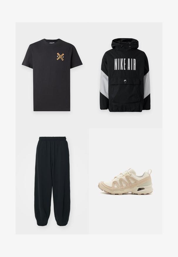 Melnā vēja necaurlaidīgā jaka ar kapuci, uz kuras ir liels balts uzraksts "NIKE AIR". Pelēki akcenti uz pleciem un priekšējā kabata. Moderns dizains.; Melna kokvilnas t-kreklā ir oranžas krāsas grafiskais dizains, kas uz krūšu daļas veido šķērsgriezumu ar vārdiem "ELEMENT" un "REMEMBER".; Melnas sporta bikses ar elastīgu jostasvietu, brīvu piegriezumu, aprocēm ap potītēm, gludu tekstūru, un bez redzamām rakstu vai aparatūras akcentiem.; Beige un krēma sporta apavi ar strukturētu tīkla virsmu, atbalstošajiem slāņiem un gumijas zoli ar protektoru rakstu, kas nodrošina saķeri.