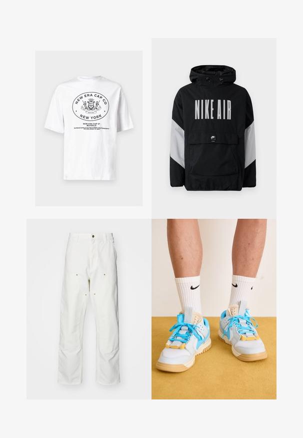 Černá větrovka s kapucí, na které je velký nápis "NIKE AIR" bílou barvou. Šedé akcenty na ramenech a přední kapsa. Elegantní design.; Bílá bavlněná tričko s černým kruhovým grafickým motivem s nápisem "New Era Cap Co" a designem erbu, doplněné textem, který podává informace o kvalitě od roku 1920.; Bílé bavlněné cargo kalhoty s volným střihem. Vlastnosti zahrnují přední kapsy, zlaté kovové detaily a zpevněné oblasti na kolenou.; Světle modré tenisky s hnědými podešvěmi, které mají výrazné tyrkysové tkaničky a žluté akcenty. Texturované materiály a viditelné vzduchové polstrování.