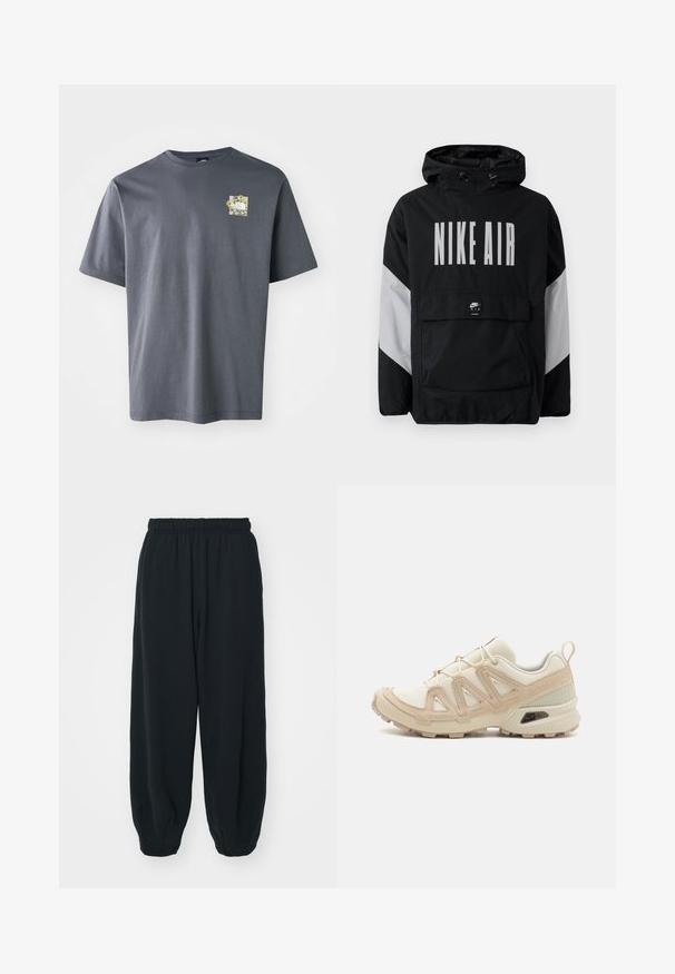 Must värvusega tuulejope kapuutsiga, millel on suurtes valgetes tähtedes "NIKE AIR". Hallid aktsendid õlgadel ja eesmine taskupõhi. Suletud disain.; Hallide lühikale vihik tee, mis on valmistatud puuvillast, väikese lillemustriga rinnal. Ümmargune kaelus, pehme tekstuur ja mugav lõige.; Mustade elastse vöökoha ja laia lõikega dressipüksid, mansetiga sääred, sile tekstuur ning ilma nähtavate mustrite või detailideta.; Beež ja koobalti spordijalats tekstureeritud võrkkattega, toetavad ülemised kihid ja kummist tallaga, millel on mustriga joonistus haardeks.