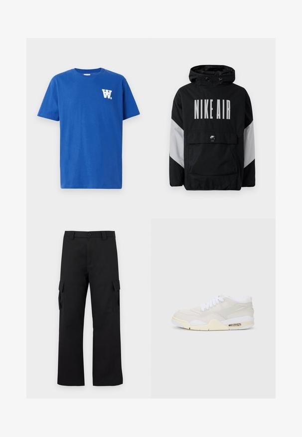 Čierna vetrovka s kapucňou, s veľkým bielym nápisom "NIKE AIR". Šedé akcenty na pleciach a predná vrecko na zips. Elegantný dizajn.; Modrá bavlnená tričko s okrúhlym výstrihom, krátkymi rukávmi a bielym logom na ľavej strane hrudníka. Mäkka textúra a štandardný strih.; Čierne cargo nohavice so strihom rovného nohu. Vyrobené z odolnej látky, s dvoma bočnými vreckami so klopami a zapínaním na gombík.; Tenisky s svetlo béžovým syntetickým zvrškom, bielymi šnúrkami a viditeľným tlmením. Majú hladkú podrážku a jemné bočné akcenty.