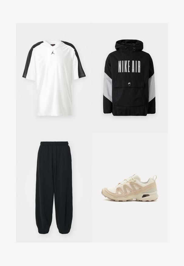 Juodas vėjaraščių striukė su kapišonu, ant kurio užrašyta "NIKE AIR" didelėmis baltomis raidėmis. Pilki akcentai ant pečių ir priekinė kišenė. Modernus dizainas.; Balta sportinė marškinėliai su juodais trumpais rankovėmis. Turintis v-kaklą ir mažą juodą logotipą ant krūtinės. Lygus paviršius, laisvas kirpimas.; Juodi, su elastiniu juosmeniu sportiniai kelnės su laisvu siluetu, suapvalintais kulkšnimis, lygia tekstūra ir be matomų raštų ar metalinių akcentų.; Bežinės ir kreminės spalvos sportinės bateliai su tekstūruoto tinklelio viršutine dalimi, palaikančiomis detalėmis ir guminiais padais, turinčiais raštą, užtikrinantį sukibimą.