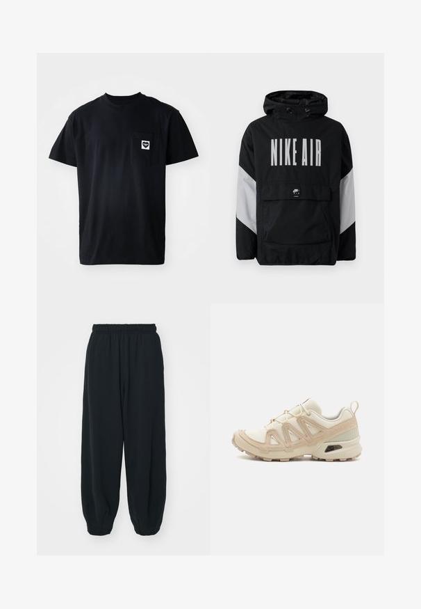 Fekete szélálló dzseki kapucnival, nagyméretű fehér "NIKE AIR" felirattal. Szürke díszítéssel a vállakon és egy elülső zsebbel. Elegáns kialakítás.; Fekete pamut póló kerek nyakkal, rövid ujjú, bal oldalon zsebével, amelyen egy fehér szív alakú logó található.; Fekete, rugalmas derékpántos melegítőnadrág, laza fit, véget érő szárakkal, sima textúrával, látható minták vagy hardver díszek nélkül.; Beige és krém színű sportcipő, texturált hálós felsőrésszel, támogató burkolattal és gumitalppal, amely tapadás érdekében bordázott mintázattal rendelkezik.