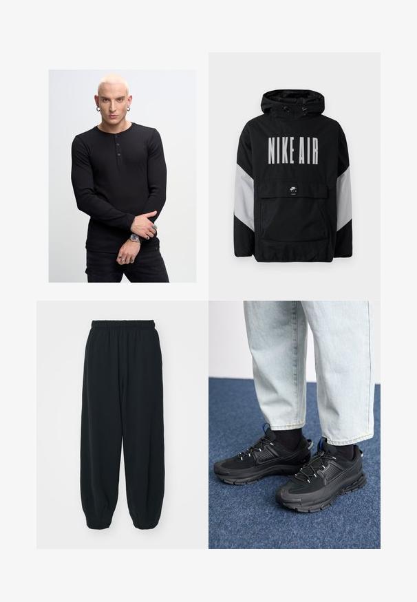 Crna jakna s kapuljačom, s natpisom "NIKE AIR" velikim bijelim slovima. Sivi akcenti na ramenima i prednji džep. Elegantni dizajn.; Crna dugorukava henley majica s tri gumba, rebrastog tekstila, u kombinaciji s crnim hlačama. Istaknuti ručni nakit uključuje prstenje i sat.; Crne, dukserice s elastičnim strukom, širokog kroja, s manžetama na gležnjevima, glatke teksture i bez vidljivih uzoraka ili metalnih detalja.; Crne atletske cipele s teksturiranom tkaninom i gumene potplate, s elastičnim vezicama i plavim akcentom na peti. Nosene su s svijetlim trapericama.