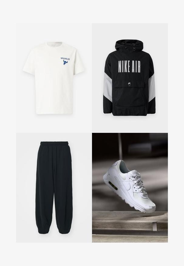 Černá větrovka s kapucí, na které je velký nápis "NIKE AIR" bílou barvou. Šedé akcenty na ramenech a přední kapsa. Elegantní design.; Bílé bavlněné tričko s modrým logem Wrangler a grafikou býka na levé části hrudi. Krátké rukávy a kulatý výstřih.; Černé teplákové kalhoty s elastickým pasem, volným střihem, manžetami na kotnících, hladkým povrchem a bez viditelných vzorů či kovových detailů.; Bílé tenisky Nike Air Max 90 s vrchním materiálem z textilu a kůže, perforovanou špičkou a viditelnou vzduchovou jednotkou v patě.