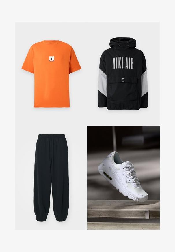 Giacca a vento nera con cappuccio, caratterizzata dalla scritta "NIKE AIR" in grande bianco. Accenti grigi sulle spalle e una tasca a marsupio frontale. Design elegante.; T-shirt in cotone arancione con girocollo e maniche corte. Presenta un logo Jordan nero all'interno di un quadrato bianco sul petto. Vestibilità classica.; Pantaloni da jogging neri con vita elasticizzata, dalla vestibilità morbida, caviglie a costina, texture liscia e senza motivi visibili o dettagli in metallo.; Sneaker Nike Air Max 90 bianco con tomaia in mesh e pelle, punta forata e un'unità air visibile nel tallone.