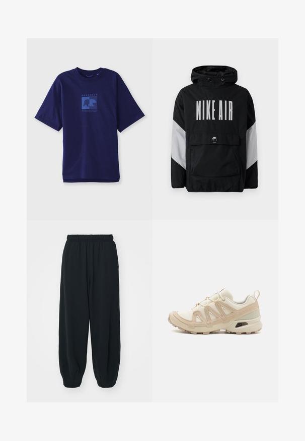 Juodas vėjaraščių striukė su kapišonu, ant kurio užrašyta "NIKE AIR" didelėmis baltomis raidėmis. Pilki akcentai ant pečių ir priekinė kišenė. Modernus dizainas.; Tamsiai mėlynas medvilninis marškinėliai su trumpomis rankovėmis, ant priekio turi mėlyną grafišką meškos vaizdą ir tekstą "PENFIELD MASSACHUSETTS" kvadrato formoje.; Juodi, su elastiniu juosmeniu sportiniai kelnės su laisvu siluetu, suapvalintais kulkšnimis, lygia tekstūra ir be matomų raštų ar metalinių akcentų.; Bežinės ir kreminės spalvos sportinės bateliai su tekstūruoto tinklelio viršutine dalimi, palaikančiomis detalėmis ir guminiais padais, turinčiais raštą, užtikrinantį sukibimą.