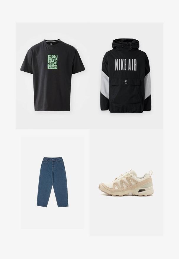 Zwarte windbreaker jas met capuchon, met "NIKE AIR" in grote witte letters. Grijze accenten op de schouders en een voorvak. Strak ontwerp.; Zwart katoen t-shirt met een groene graphic illustratie met het woord "FLOWER." Korte mouwen en een ronde halslijn.; Blauwe denim jeans met een ontspannen pasvorm, hoge taille, vijf-pocket ontwerp en stikselaccenten. Voorzien van een knoop- en ritssluiting.; Beige en crème sportschoen met een textuur-mesh bovenwerk, ondersteunende overlays en een rubberen zool met een profielpatroon voor grip.
